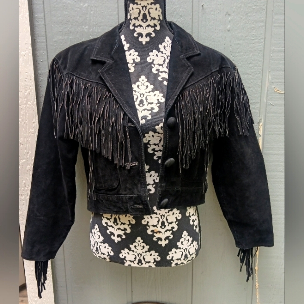 Stylish Western Black Fringe Leather Suede Crop Jacket